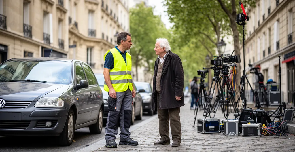 Agent de sécurité discutant avec un riverain près d'un véhicule stationné sur une rue parisienne