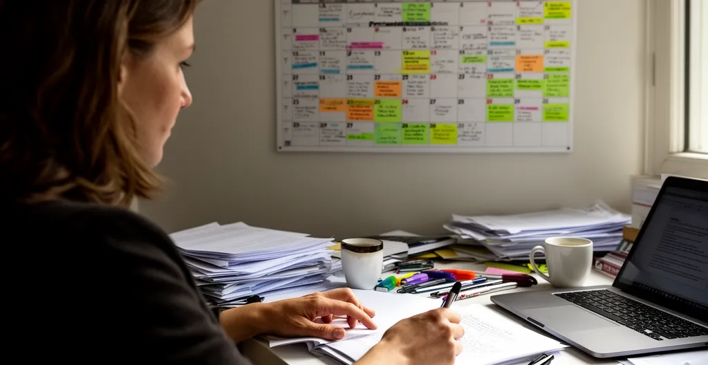 Régisseuse consultant un planning de production dans un bureau avec calendrier mural