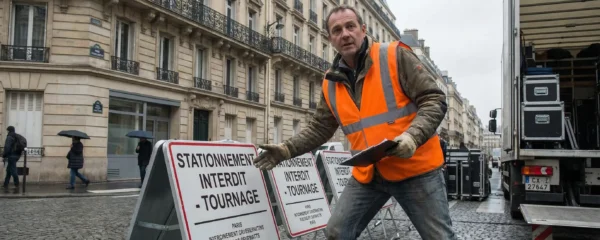 Technicien vérifiant les panneaux de stationnement temporaire sur une rue parisienne pour un tournage