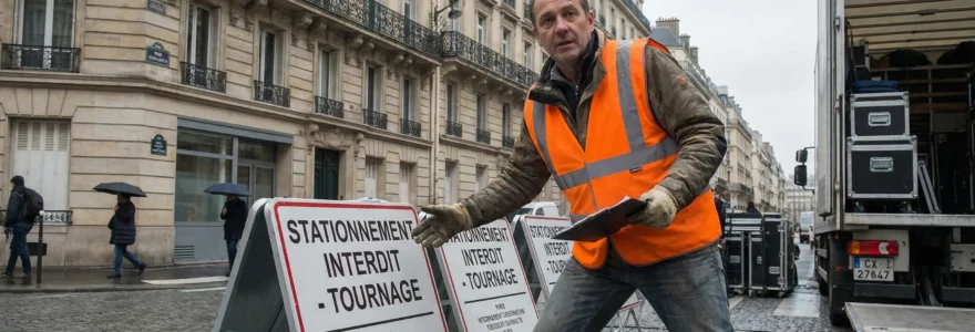 Technicien vérifiant les panneaux de stationnement temporaire sur une rue parisienne pour un tournage