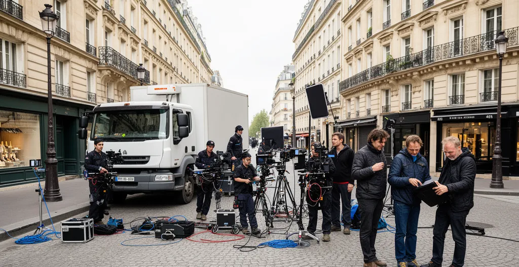 Vue d'ensemble d'un tournage organisé sur une rue parisienne avec camion régie bien positionné